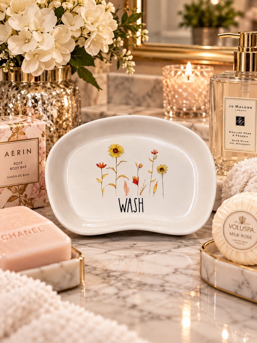 Rae Dunn Floral Autum Wild Flowers 'WASH' Ceramic Soap Dish Vintage Farmhouse